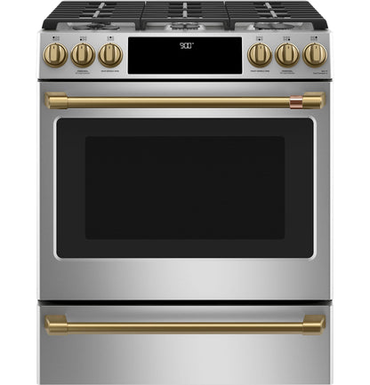 CAFE C2S900P2MS1 CAFé 30" Smart Slide-In, Front-Control, Dual-Fuel Range with Warming Drawer in Stainless Steel - C2S900P2MS1