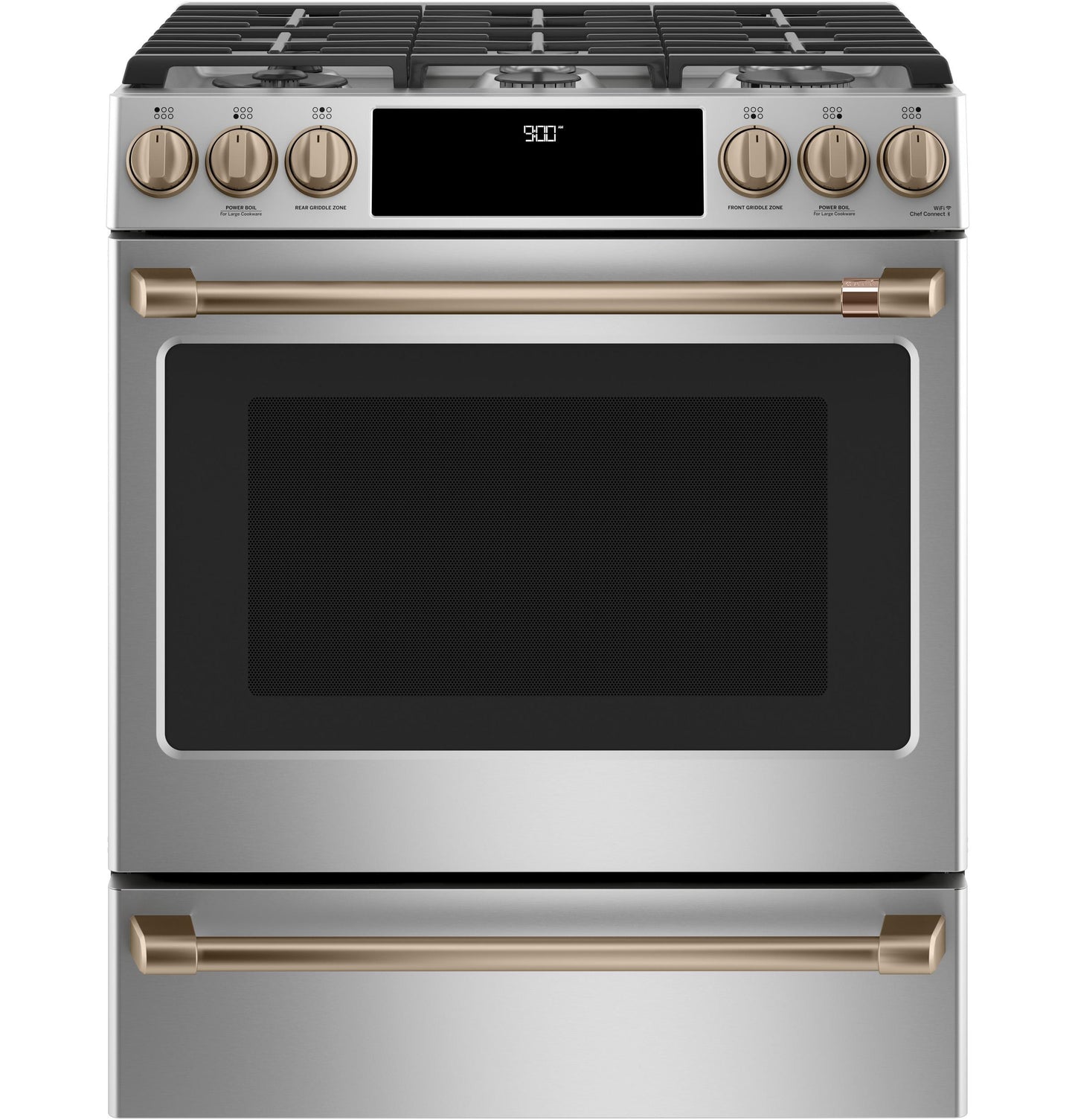 CAFE C2S900P2MS1 CAFé 30" Smart Slide-In, Front-Control, Dual-Fuel Range with Warming Drawer in Stainless Steel - C2S900P2MS1