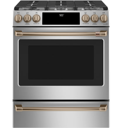 CAFE C2S900P2MS1 CAFé 30" Smart Slide-In, Front-Control, Dual-Fuel Range with Warming Drawer in Stainless Steel - C2S900P2MS1