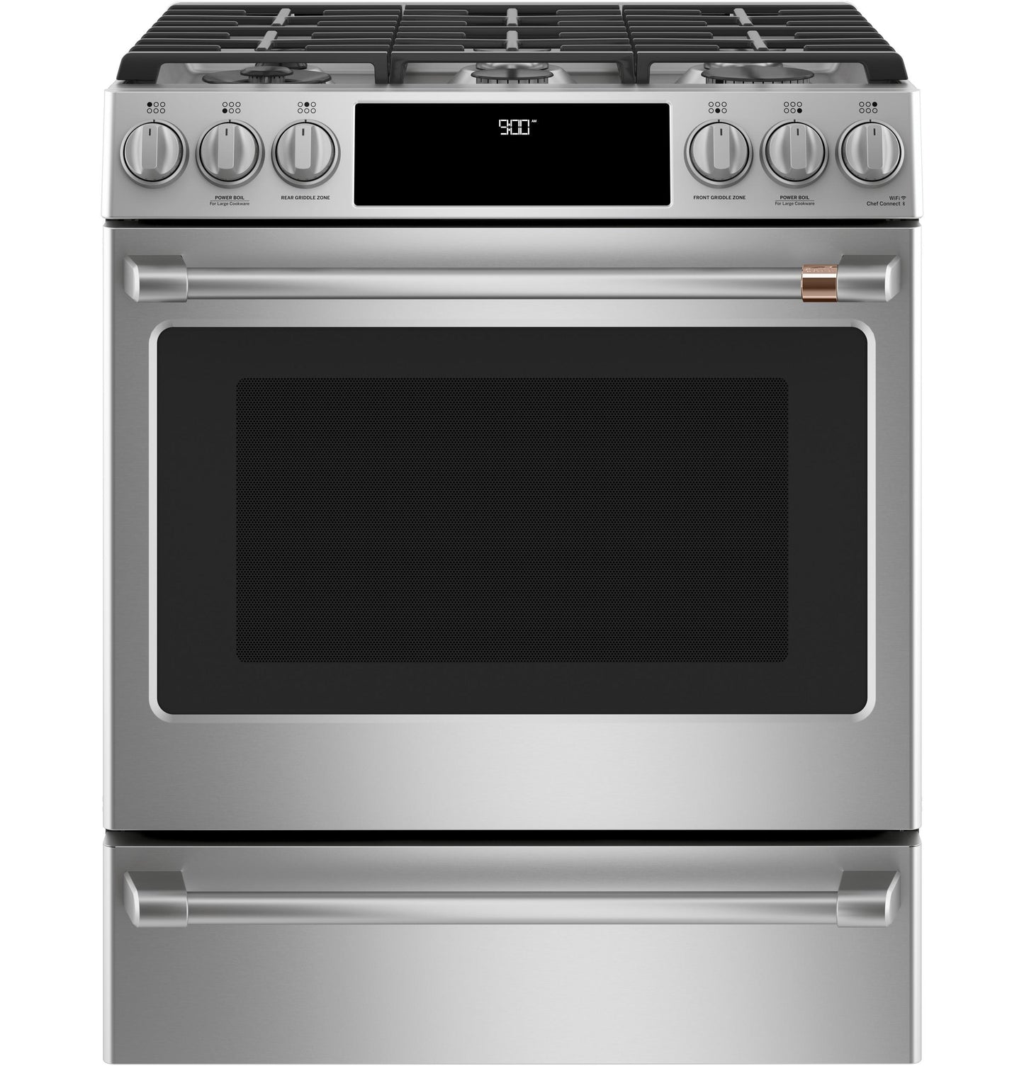 CAFE C2S900P2MS1 CAFé 30" Smart Slide-In, Front-Control, Dual-Fuel Range with Warming Drawer in Stainless Steel - C2S900P2MS1