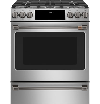CAFE C2S900P2MS1 CAFé 30" Smart Slide-In, Front-Control, Dual-Fuel Range with Warming Drawer in Stainless Steel - C2S900P2MS1