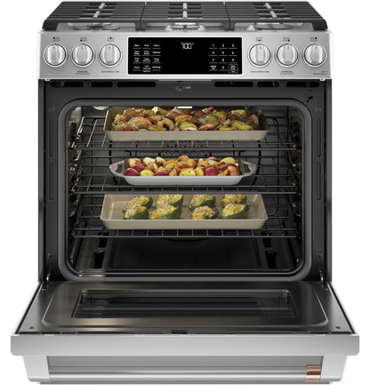 CAFE 30" Smart Slide-In, Front-Control, Gas Range with Convection Oven in Stainless Steel - CGS700P2MS1
