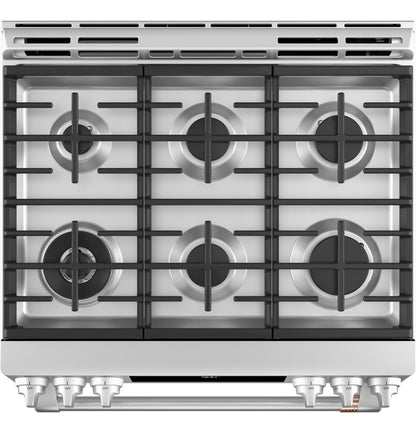 CAFE C2S900P2MS1 CAFé 30" Smart Slide-In, Front-Control, Dual-Fuel Range with Warming Drawer in Stainless Steel - C2S900P2MS1