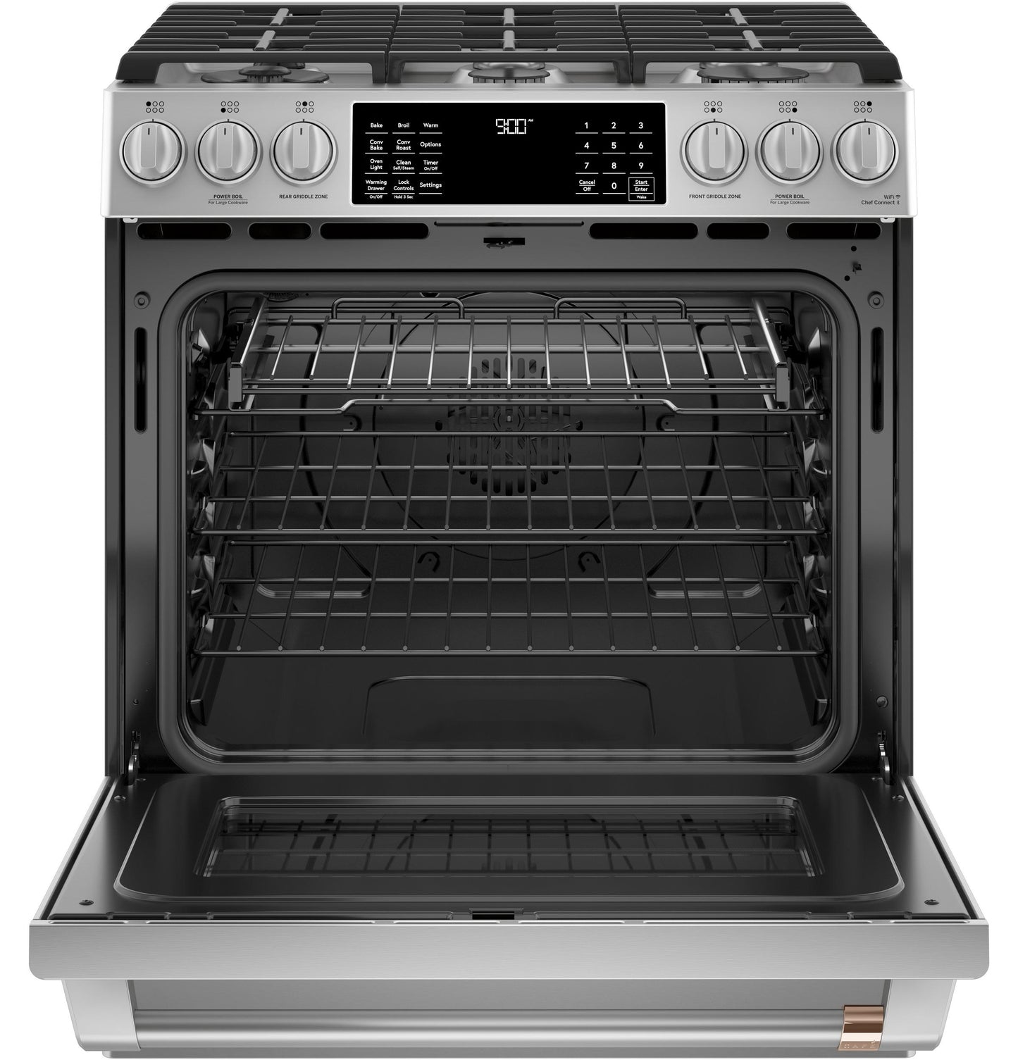 CAFE C2S900P2MS1 CAFé 30" Smart Slide-In, Front-Control, Dual-Fuel Range with Warming Drawer in Stainless Steel - C2S900P2MS1