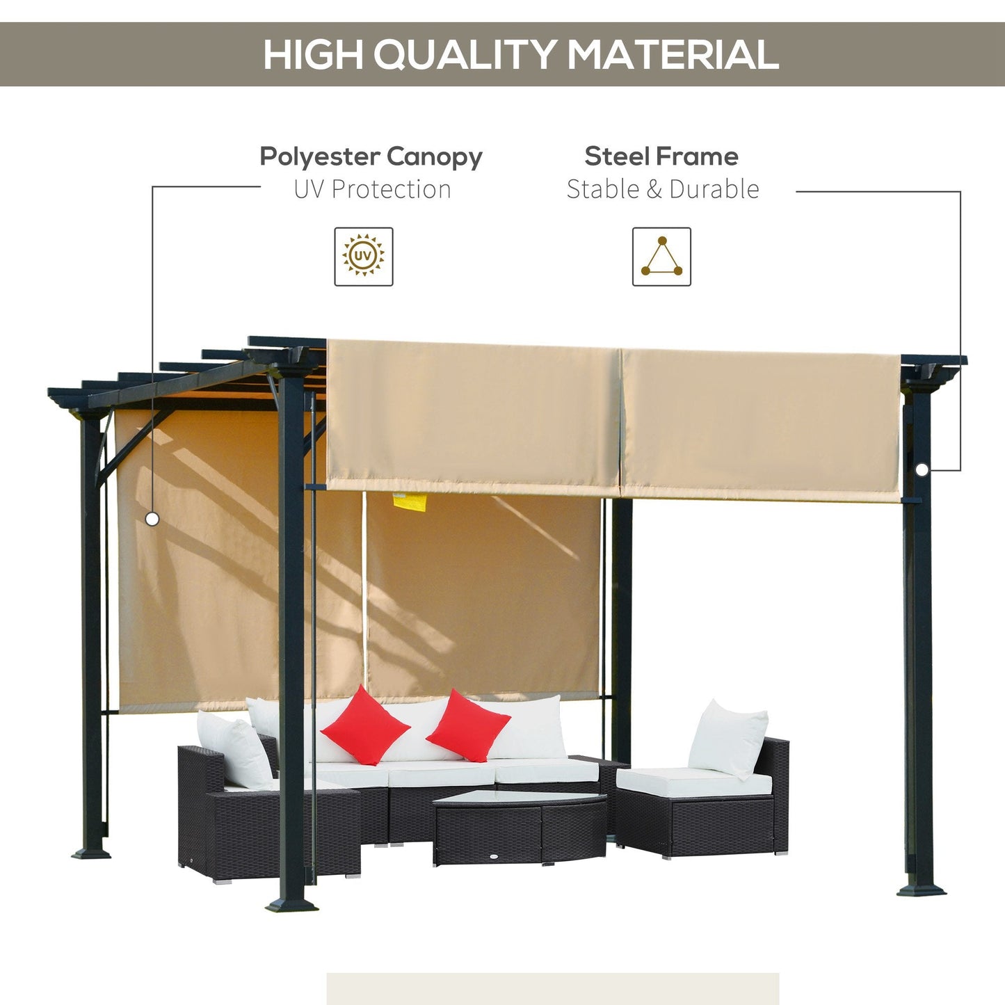 Outsunny 12' x 10' Retractable Pergola Canopy, Sun Shade, Unique Design, Metal Shelter, Beige - 84C-242V01