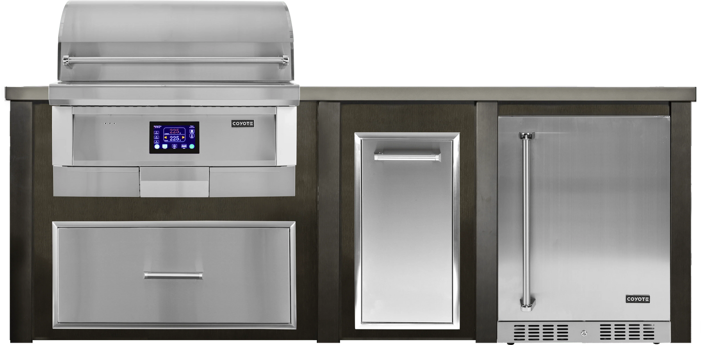 Haven 8 Ft Coyote Pellet Outdoor Kitchen Island w/ 24" Refrigerator - HCOY96PREF
