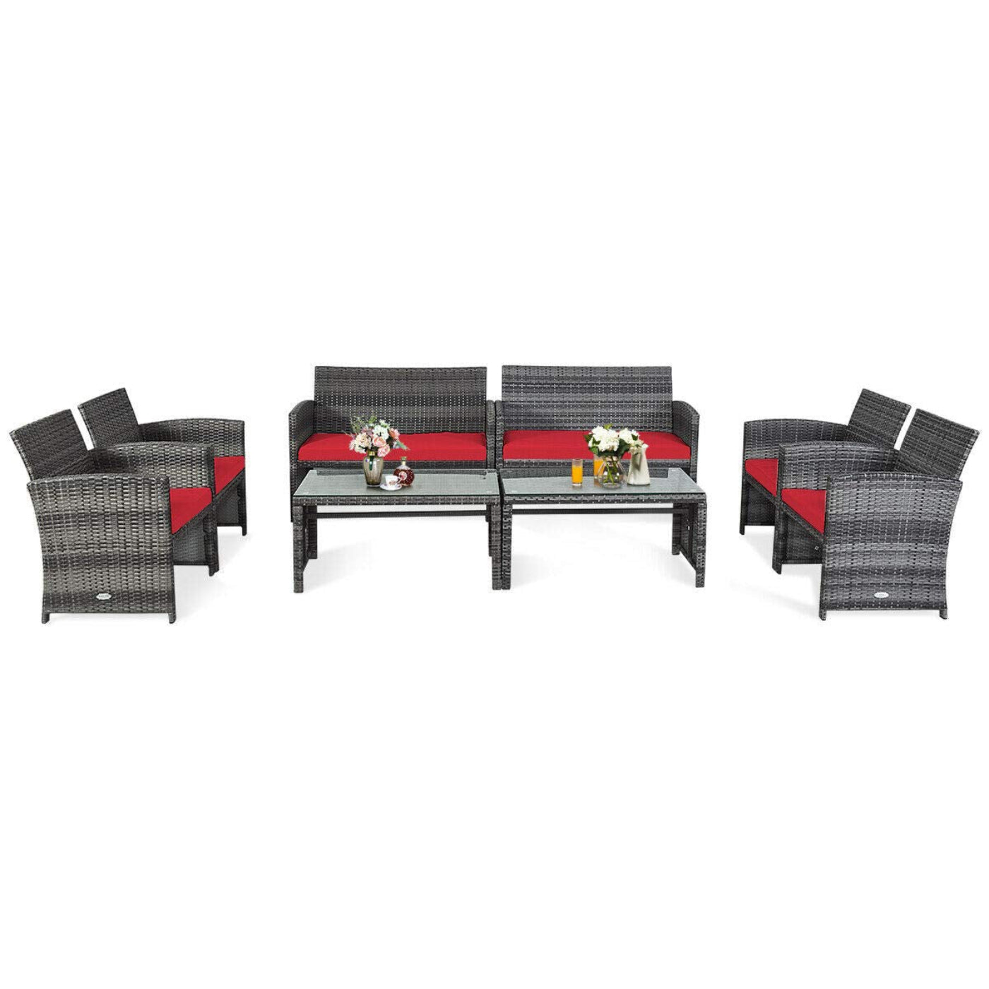 Tangkula 4/8 PCS Wicker Patio Conversation Set, Outdoor Rattan Sofas with Table Set - HW63238WH