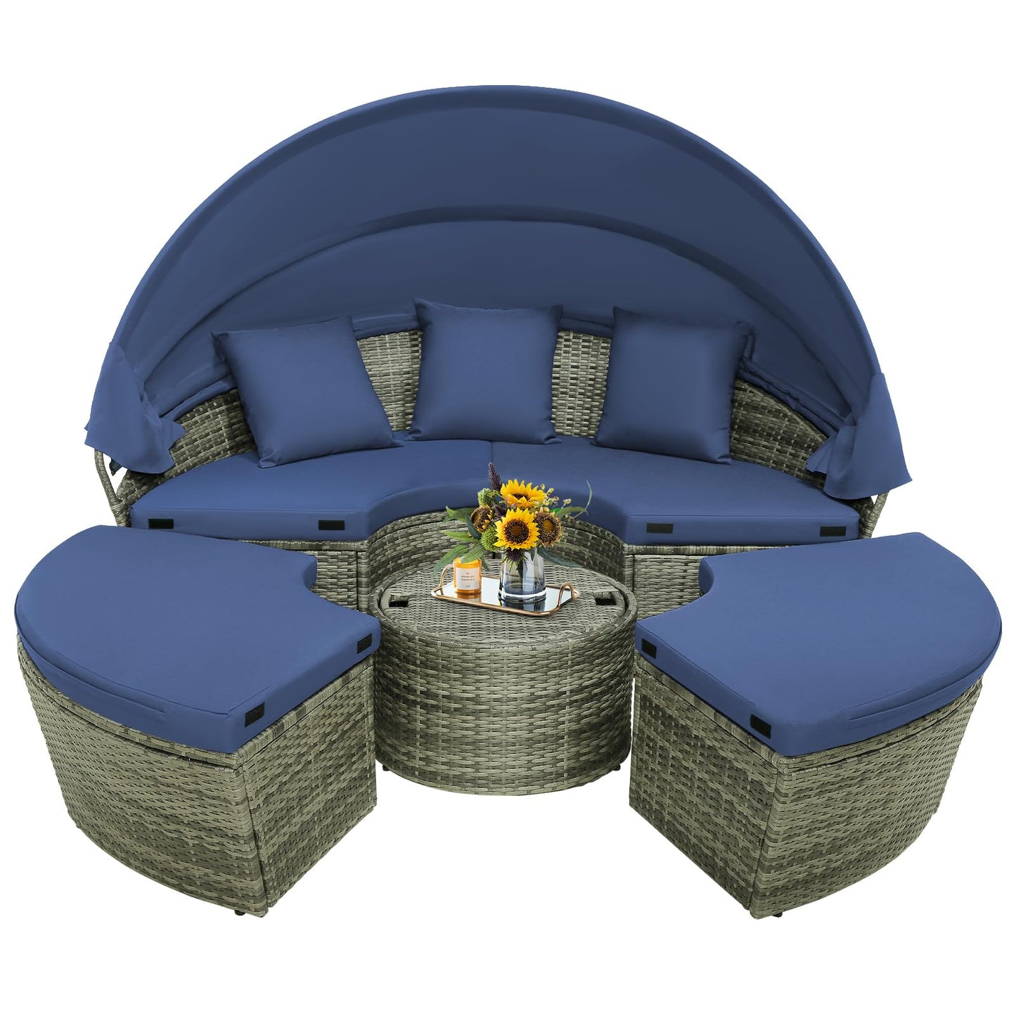 Tangkula Patio Round Daybed with Retractable Canopy, Outdoor Wicker Rattan Furniture Sets - HW63763+