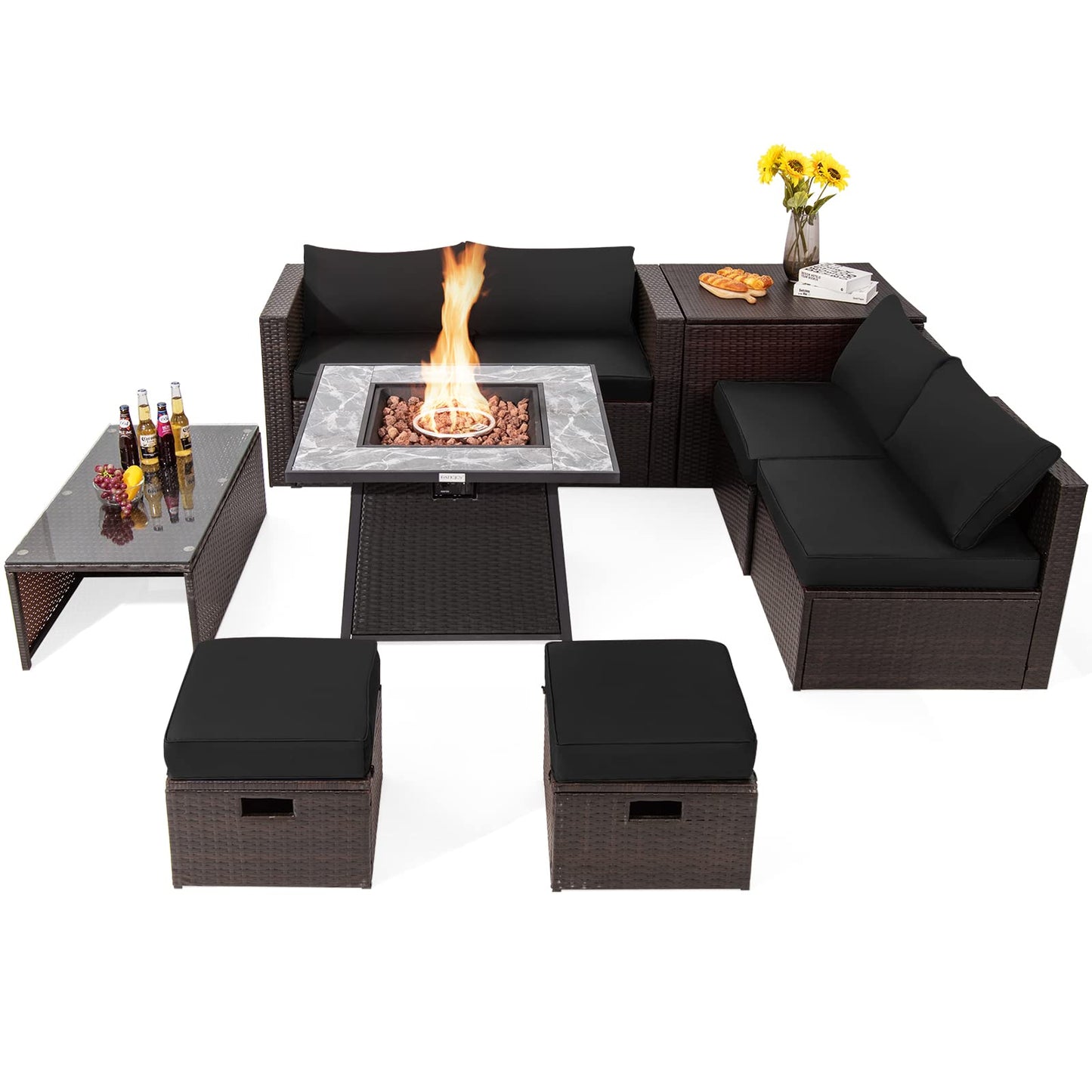 Tangkula 9 Pieces Outdoor Patio Furniture Set with 35-Inch Propane Fire Pit Table - NP10262DK+HW68592DK+