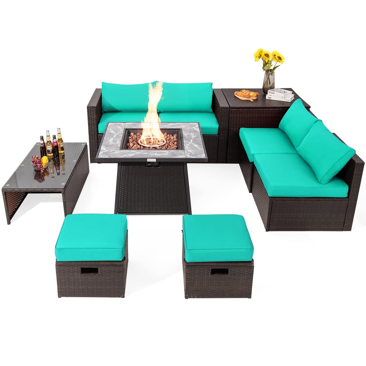 Tangkula 9 Pieces Outdoor Patio Furniture Set with 35-Inch Propane Fire Pit Table - NP10262DK+HW68592DK+