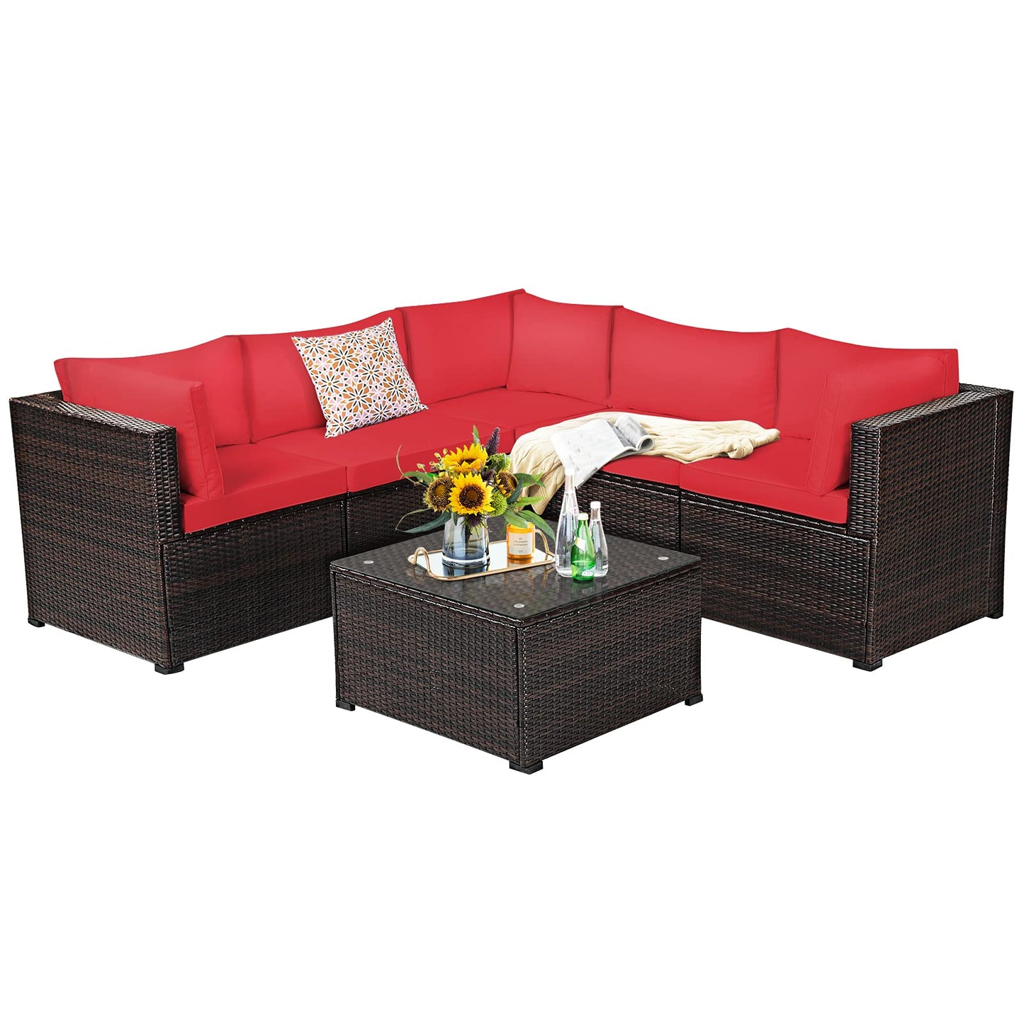 Tangkula 6 Pieces Patio Furniture Set, Outdoor Rattan Sofa Set, Wicker Conversation Set - HW68449WH+