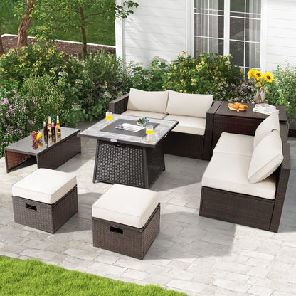 Tangkula 9 Pieces Outdoor Patio Furniture Set with 35-Inch Propane Fire Pit Table - NP10262DK+HW68592DK+