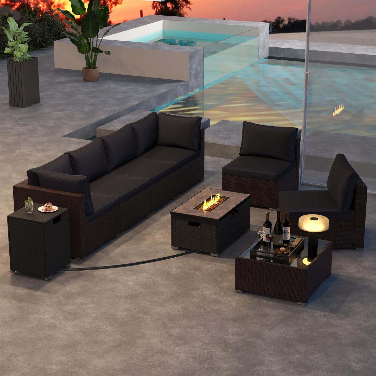 Tangkula 12 Pieces Patio Furniture Set with 32” Fire Pit Table and Propane Tank Cover - NP10261BK+HW71507DKA+