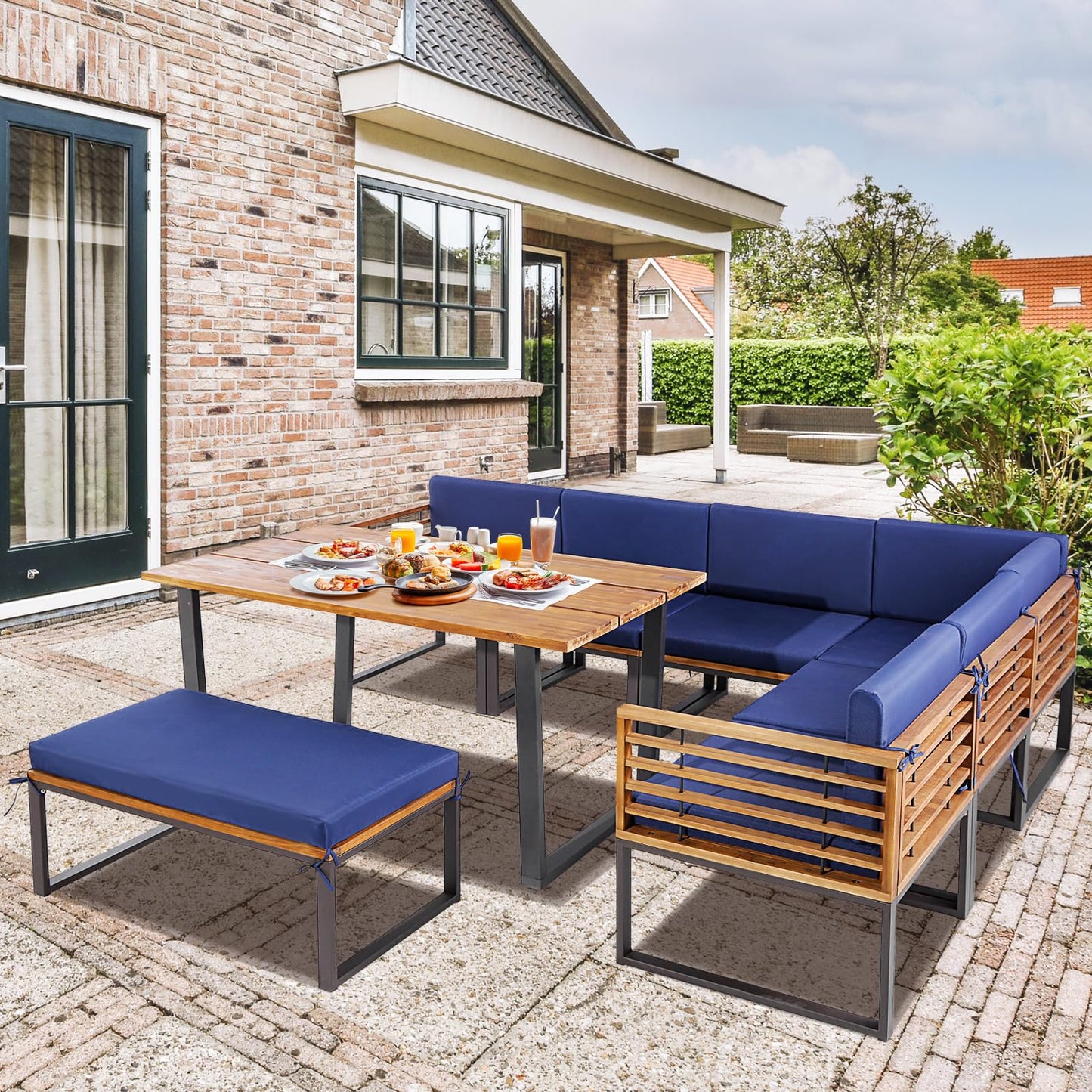 Tangkula 8 Piece Patio Dining Set, Acacia Wood Conversation Sofa Set - HW71004NY+