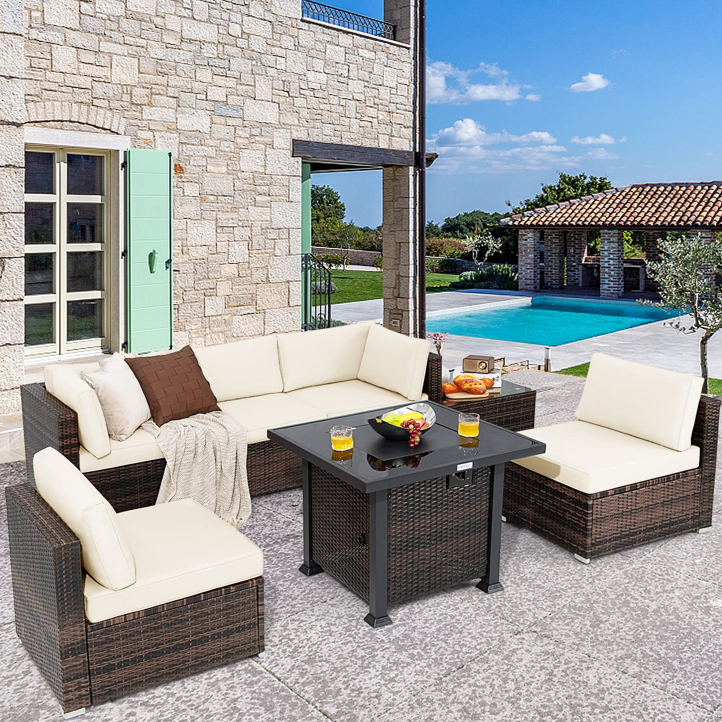 Tangkula 7 Pieces Patio Furniture Set with Fire Pit Table - NP10618CF+HW67937NYA+