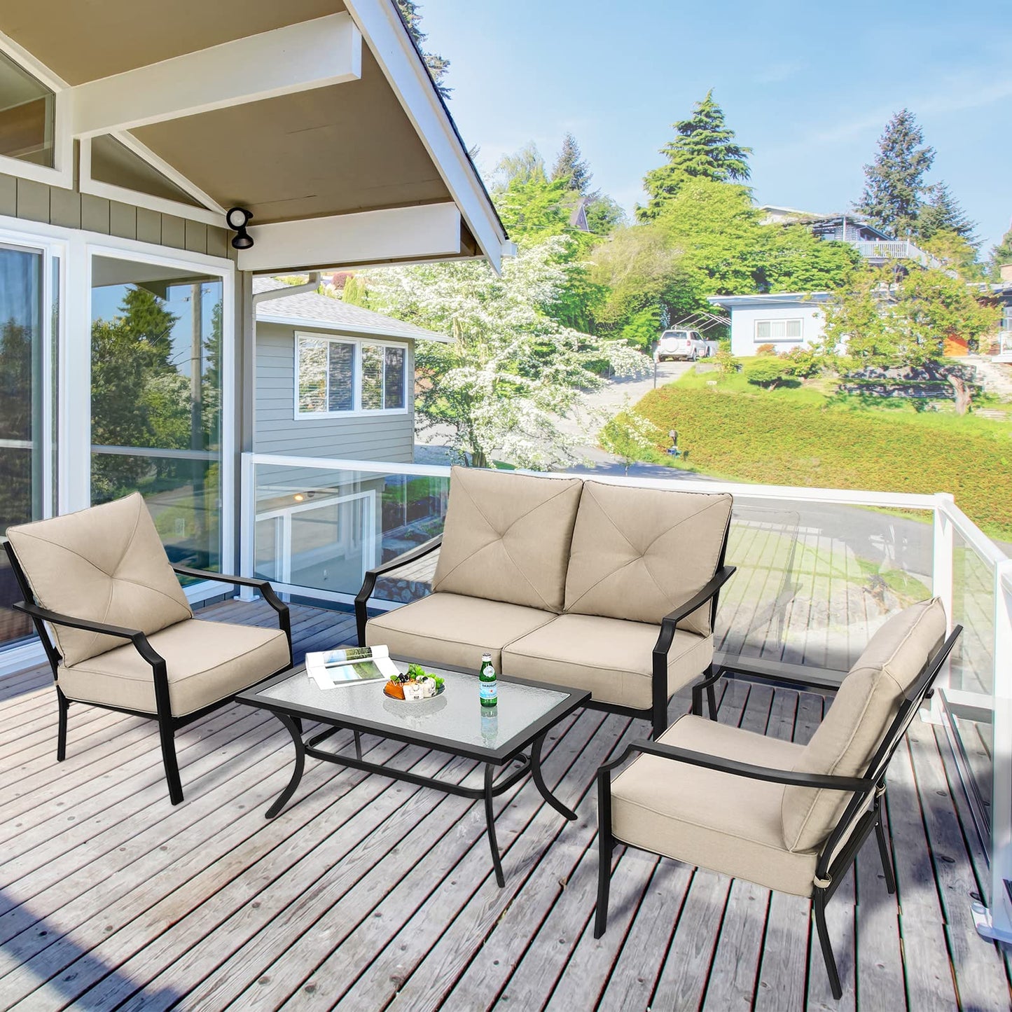 Tangkula 4 Pieces Outdoor Furniture Set, Patio Conversation Set with Cushions and Steel Frame - NP10083BE+NP10084WL-BE