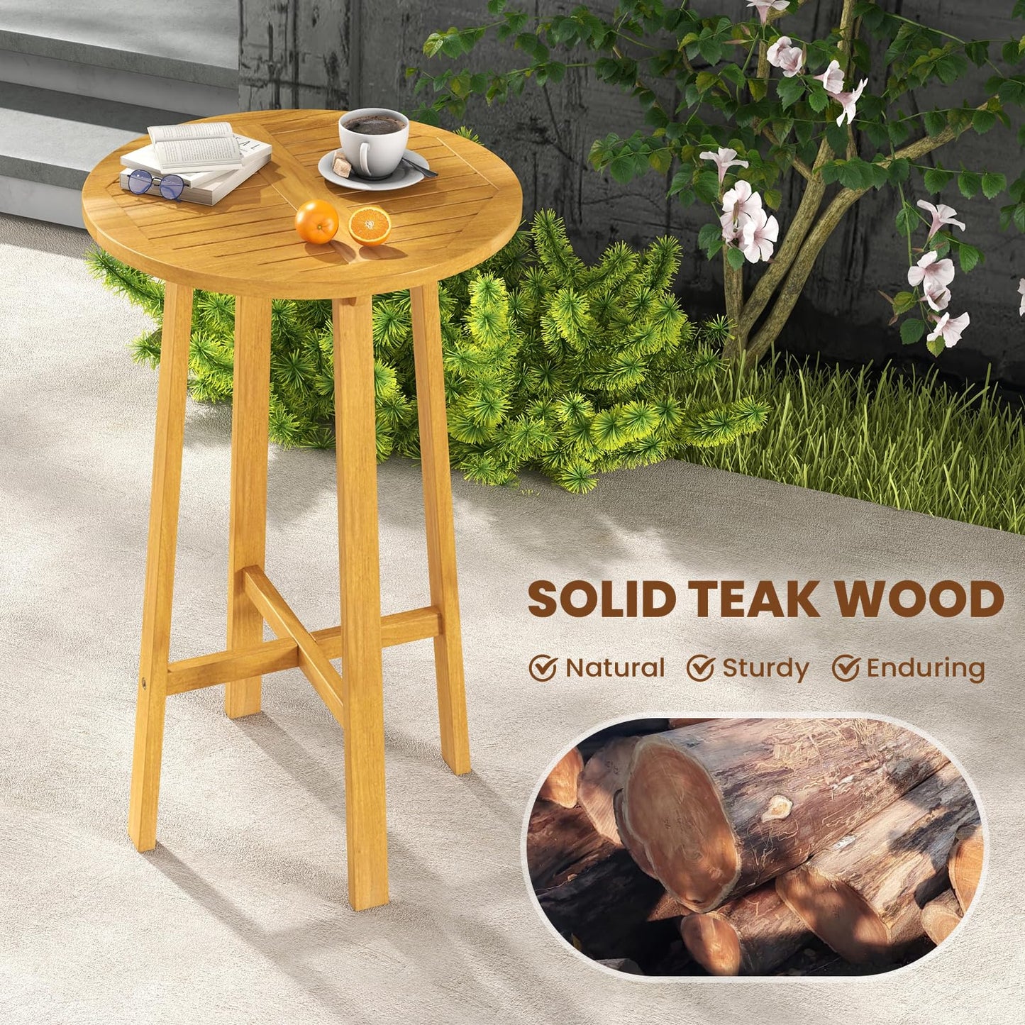 Tangkula 3 Piece Patio Bar Set, Teak Wood Bistro Furniture with Backrest, Armrests & Footrest - 2*JV11957+JV11903
