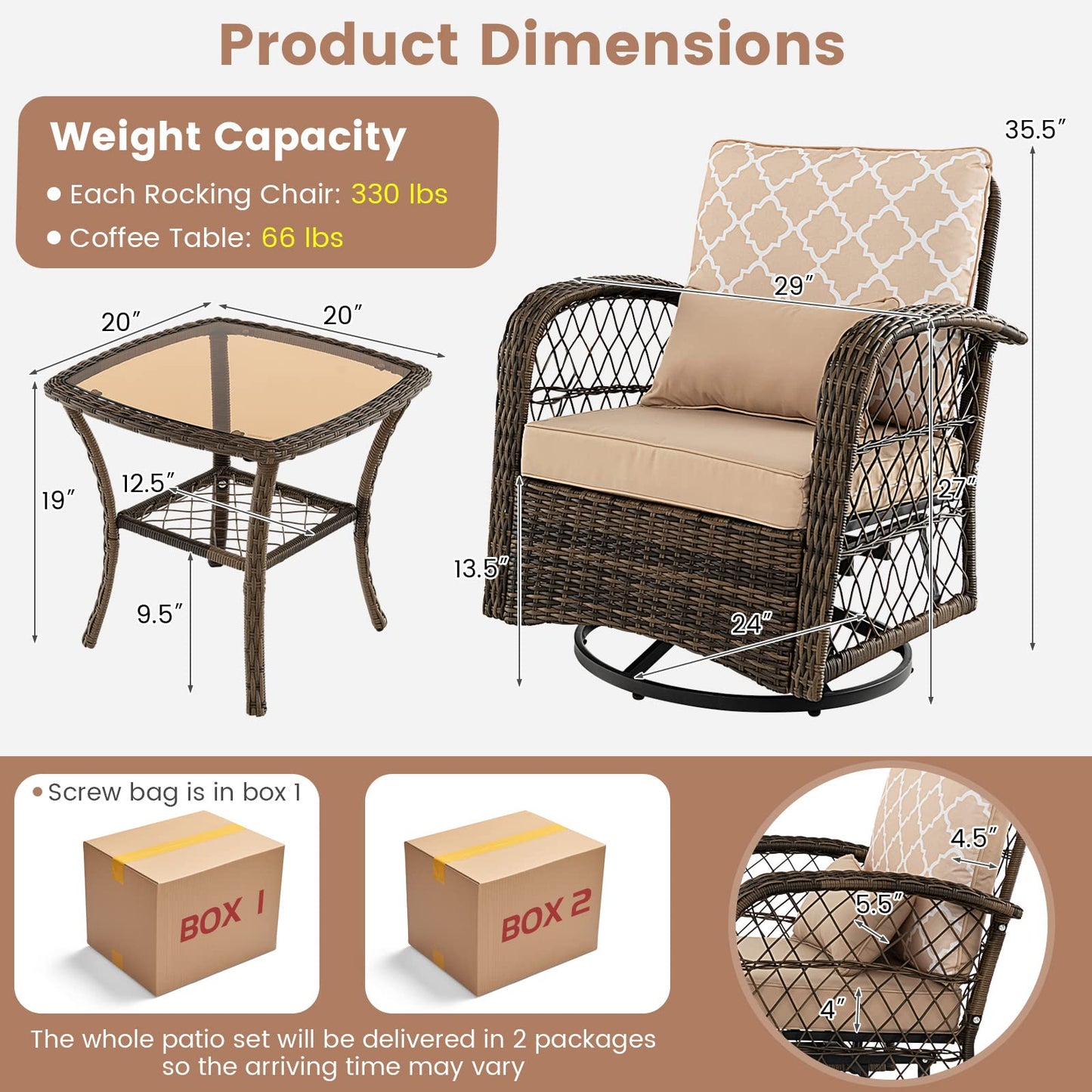 Tangkula 3-Piece Patio Swivel Rocker Set, Wicker Swivel Rocking Chairs - NP10975MS+