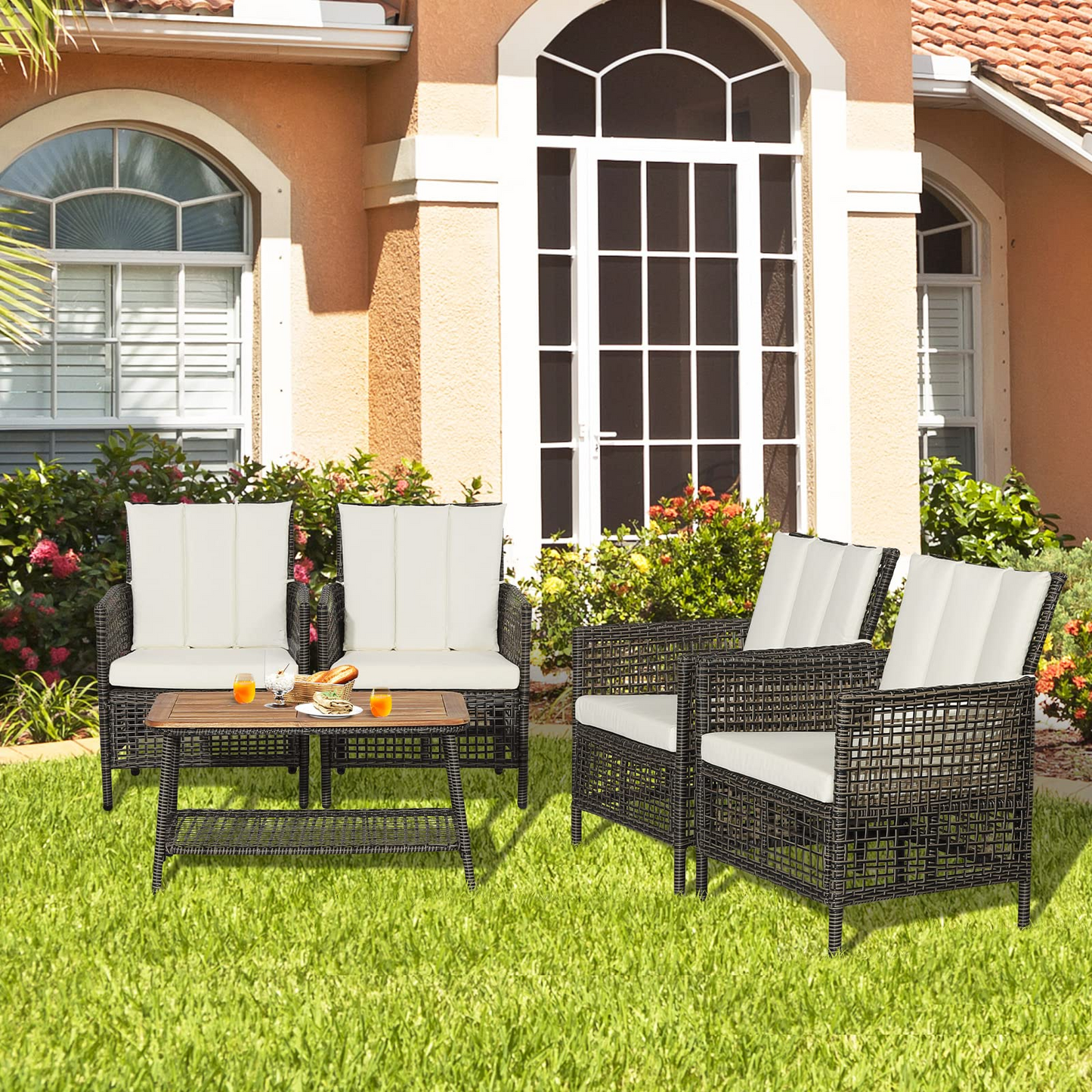 Tangkula Patio Furniture Set with 2-Tier Coffee Table - 2*HW70243WH+