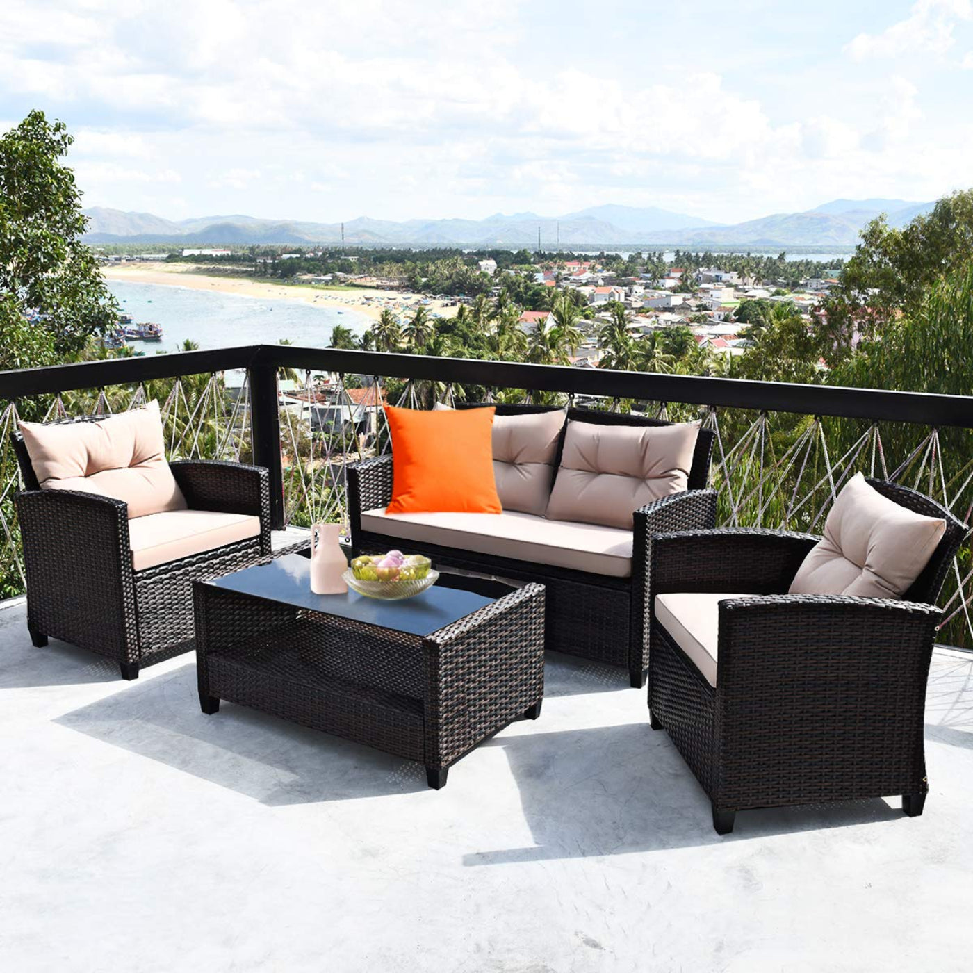 Tangkula 4-Piece Patio Furniture Set, Rattan Wicker Chair Set with 1 Loveseat, 2 Single Sofas - HW63217+