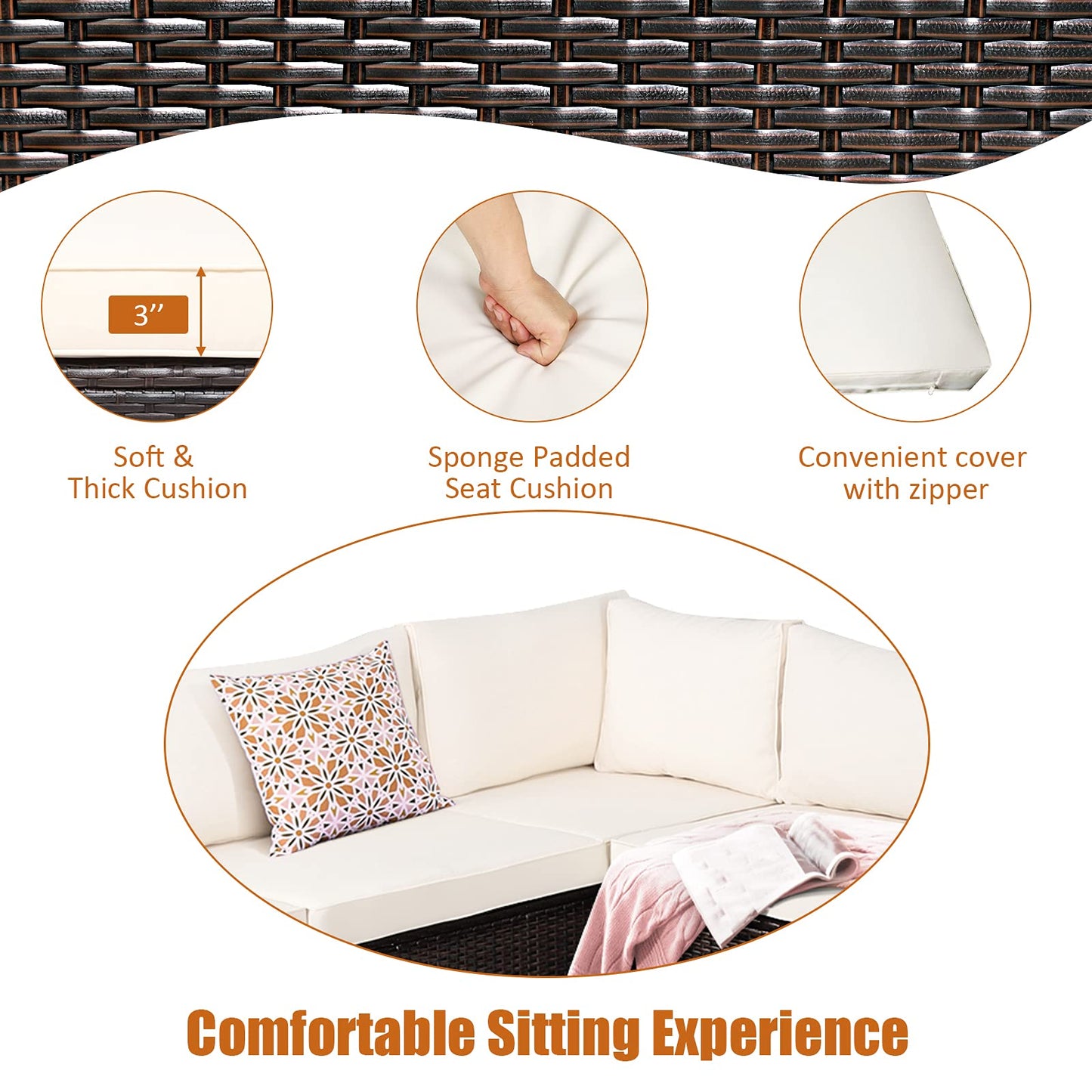 Tangkula 6 Pieces Patio Furniture Set, Outdoor Rattan Sofa Set, Wicker Conversation Set - HW68449WH+