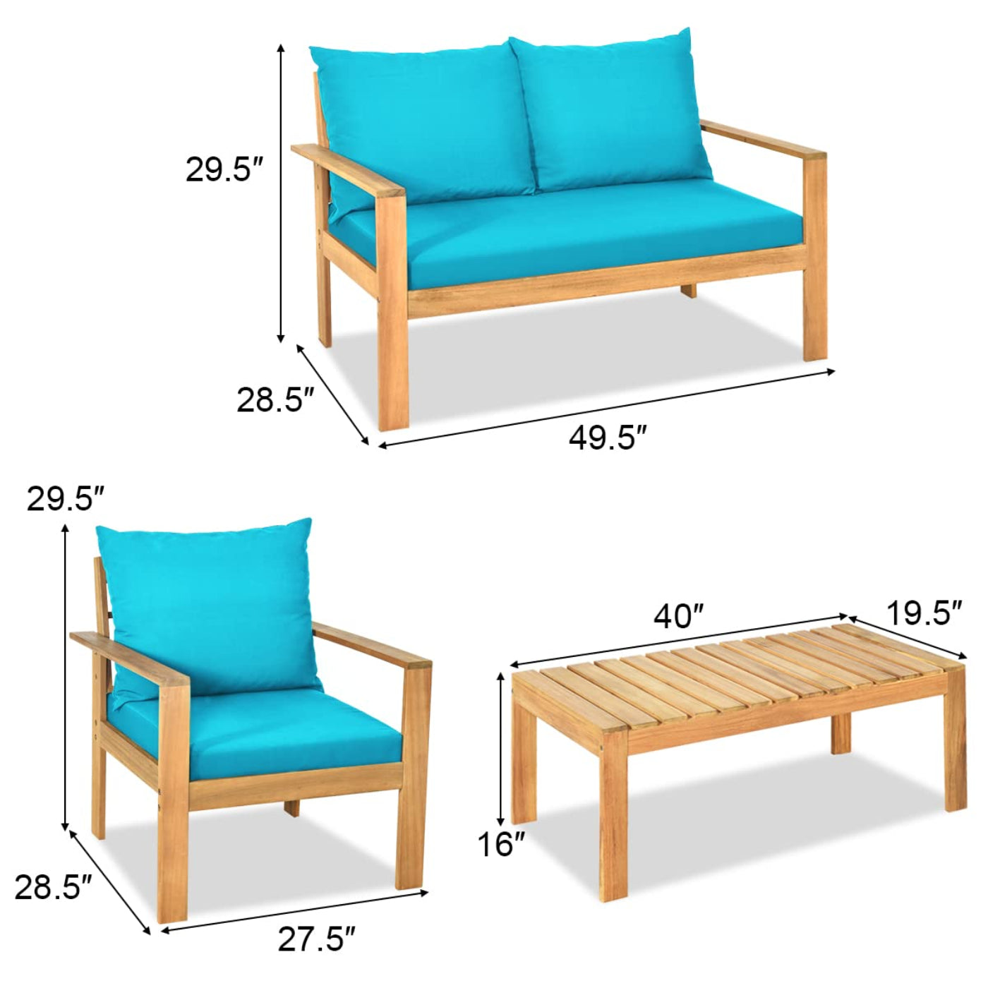 Tangkula Outdoor 4-Piece Acacia Wood Chat Set - HW64146WH-C+HW64146TU+