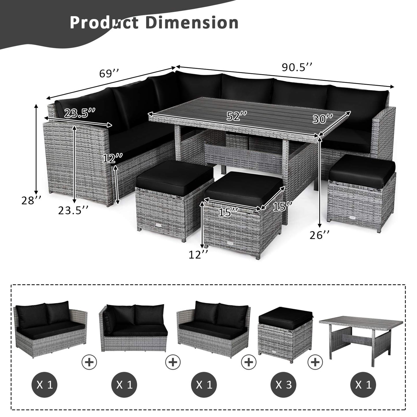 Tangkula 7 Pieces Patio Furniture Set, Outdoor Sectional Rattan Sofa Set with Cushions - HW67190BK+