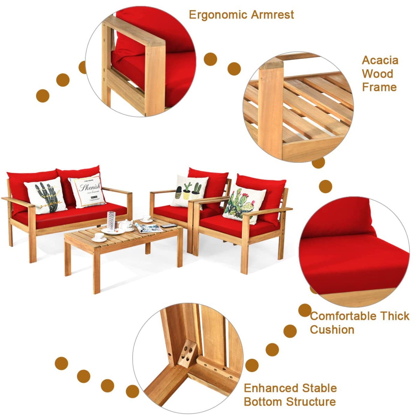 Tangkula Outdoor 4-Piece Acacia Wood Chat Set - HW64146WH-C+HW64146TU+