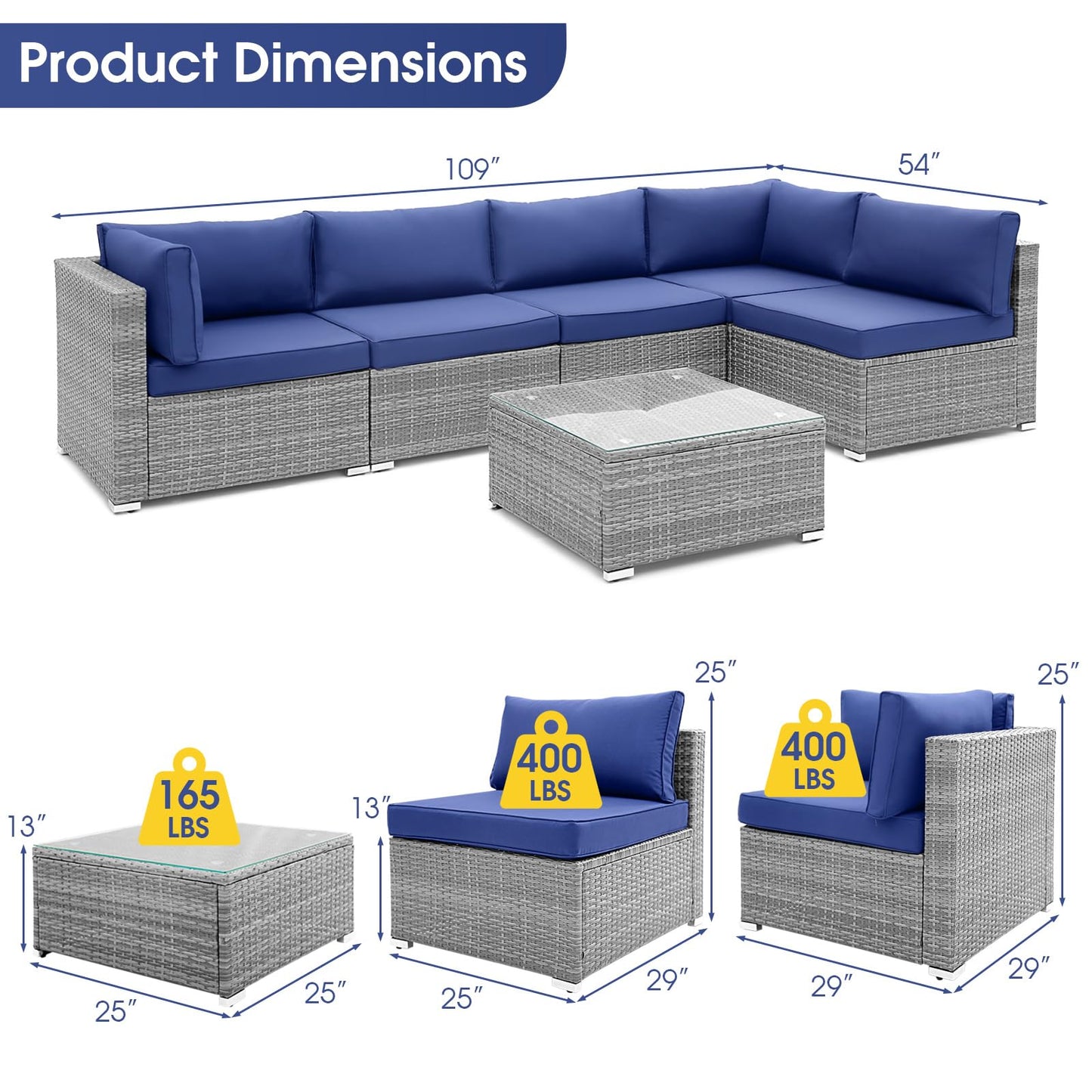 Tangkula Outdoor Wicker Furniture Set with Tempered Glass Coffee Table, Comfy Seat & Back Cushions - HW71245NY+