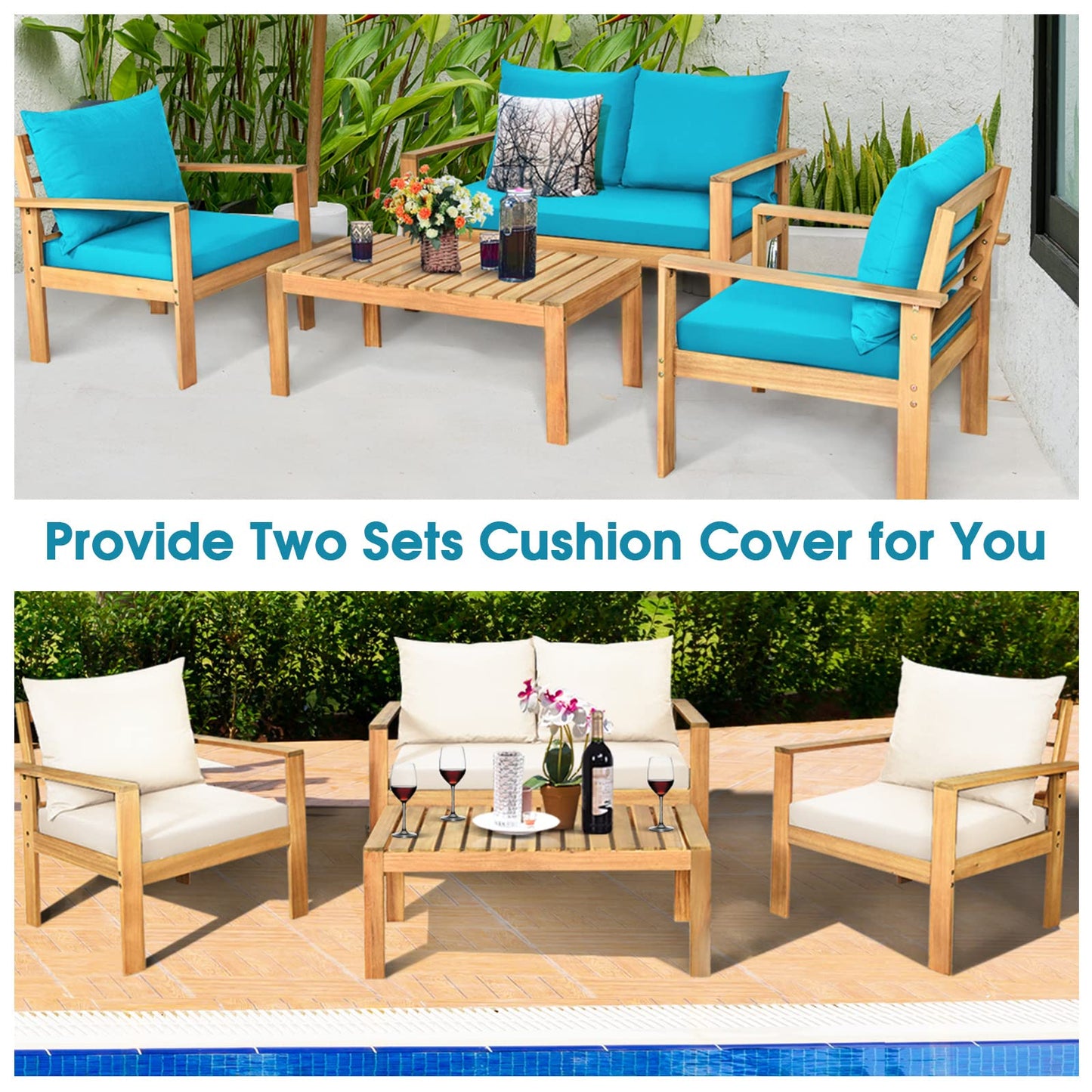 Tangkula Outdoor 4-Piece Acacia Wood Chat Set - HW64146WH-C+HW64146TU+
