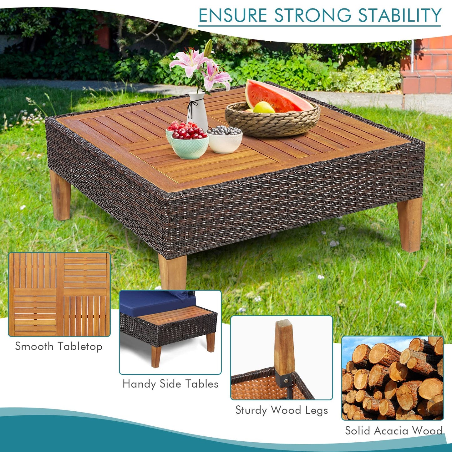 4 Pieces Acacia Wood Patio Conversation Set, Sofa Set with Coffee Table, Corner Sofa & 2 Loveseats - HW69380NY+