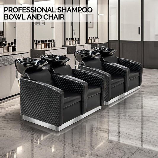 OmySalon BU1911 2-Seater Shampoo Bowl and Chair Backwash Unit with 2 Large Ceramic Sinks & Stainless Steel Base -   G59000784