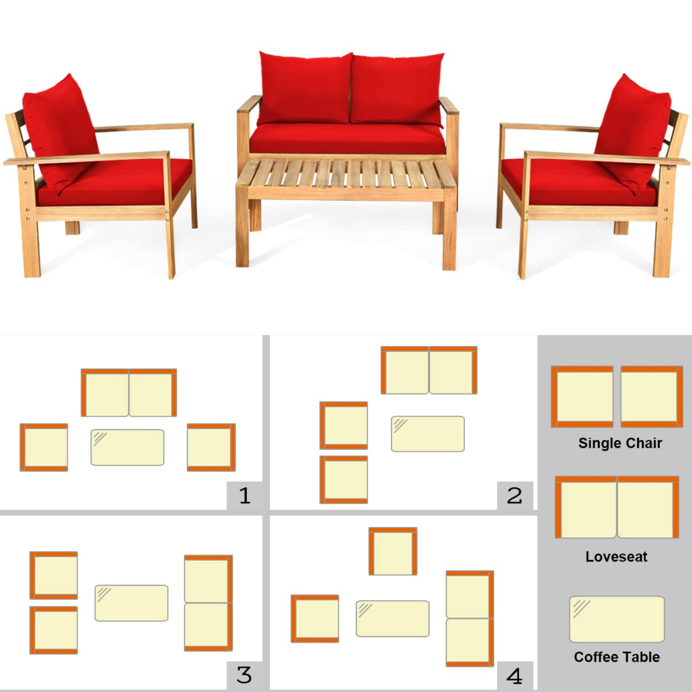 Tangkula Outdoor 4-Piece Acacia Wood Chat Set - HW64146WH-C+HW64146TU+