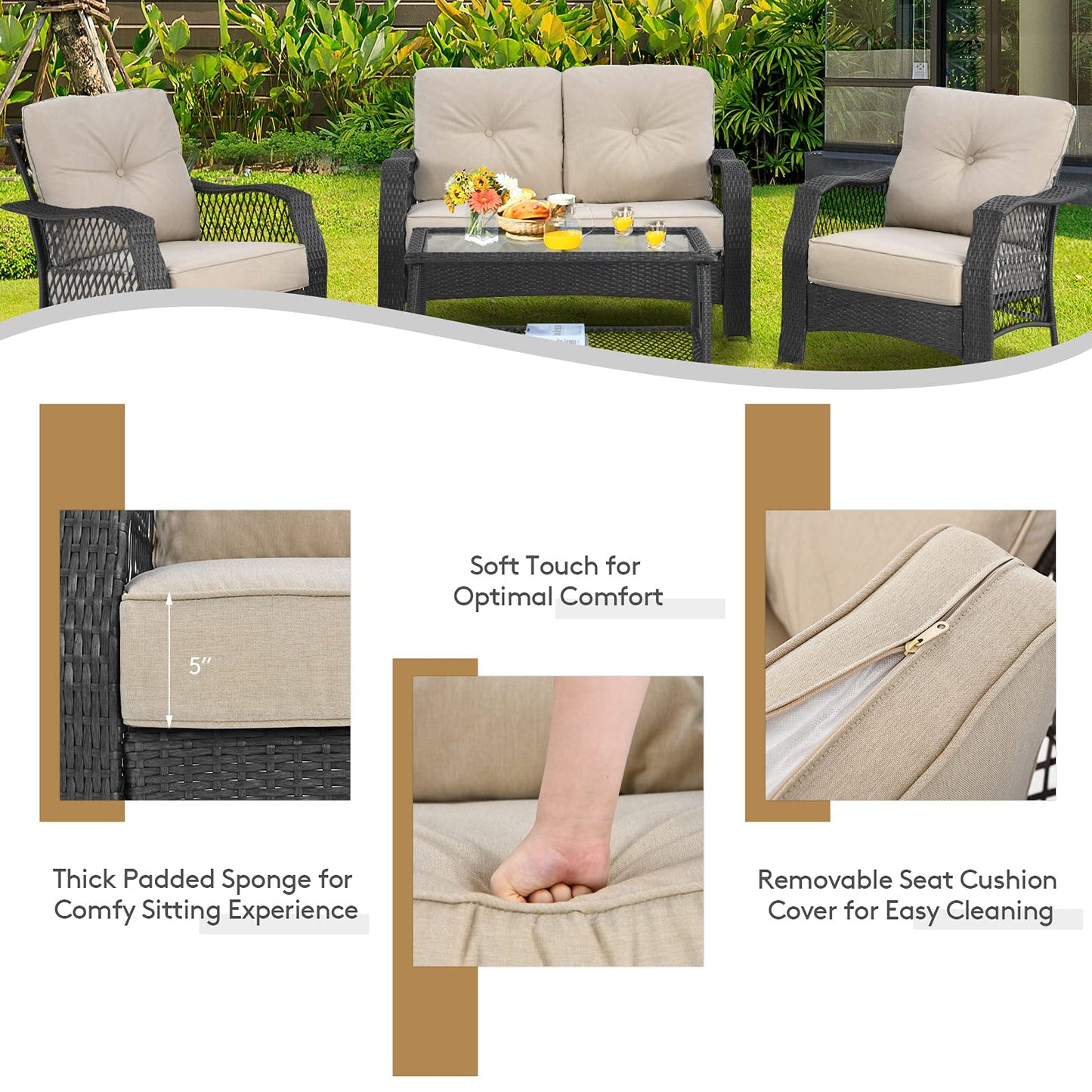 Tangkula 4 Pieces Outdoor Patio Furniture Set, Patiojoy PE Wicker Conversation Sofa Set with Tempered Glass Coffee Table - NP10087WL-BE