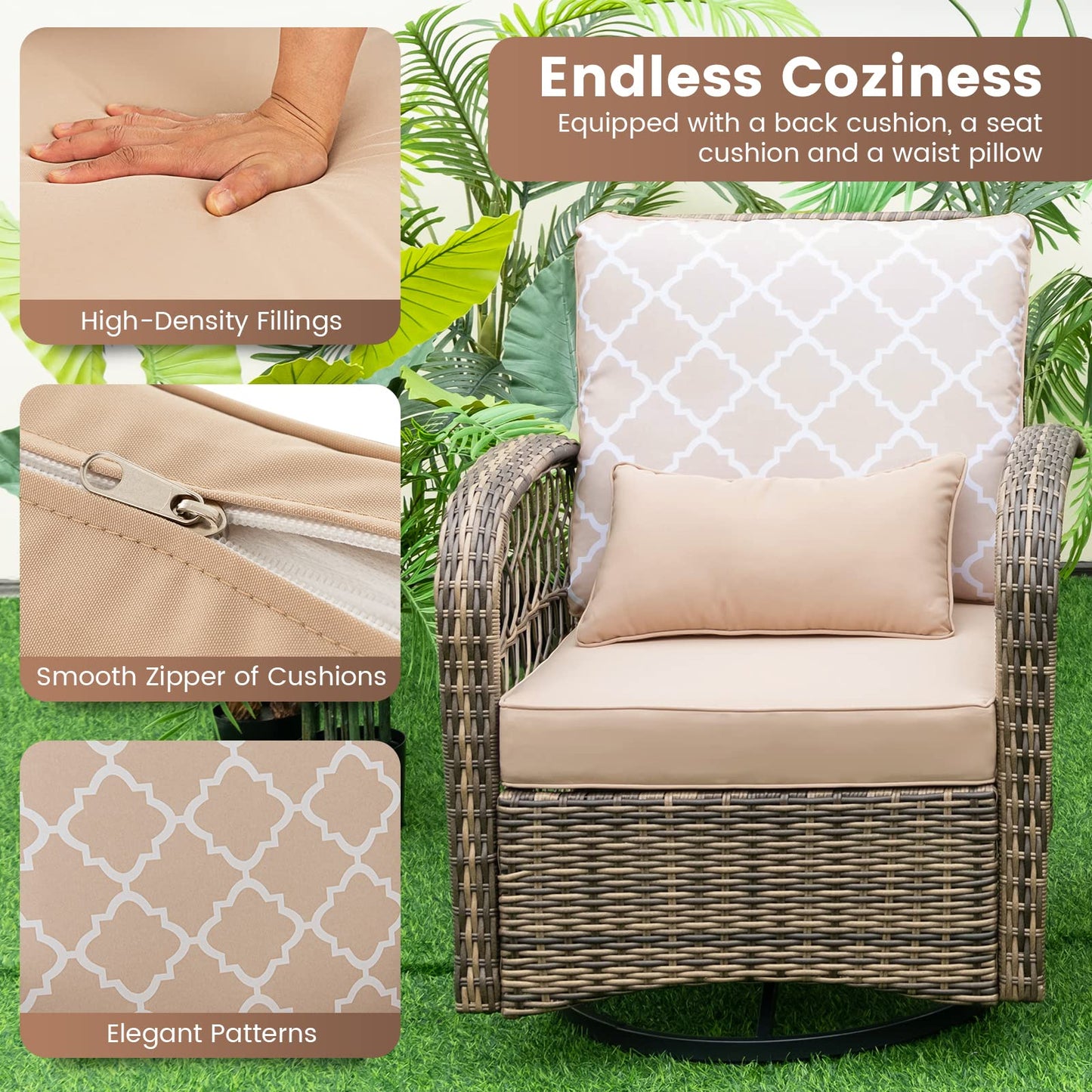 Tangkula 3-Piece Patio Swivel Rocker Set, Wicker Swivel Rocking Chairs - NP10975MS+