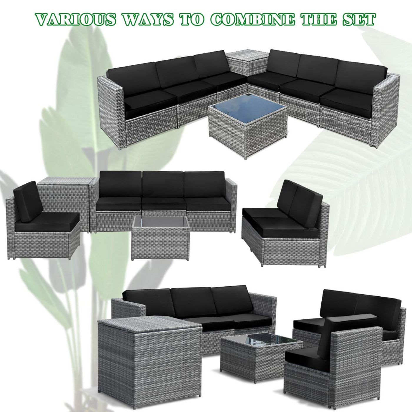 Tangkula 8 PCS Outdoor Patio Furniture Set, Rattan Wicker Sofa Set - HW65782BK+
