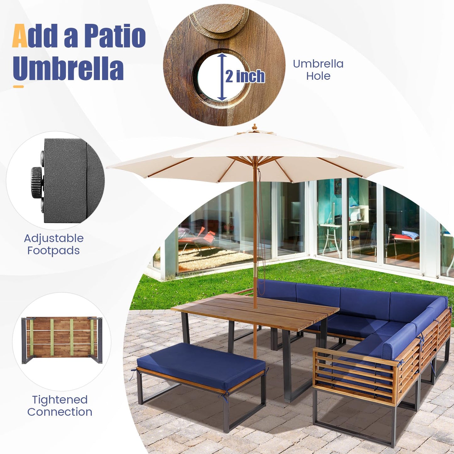 Tangkula 8 Piece Patio Dining Set, Acacia Wood Conversation Sofa Set - HW71004NY+