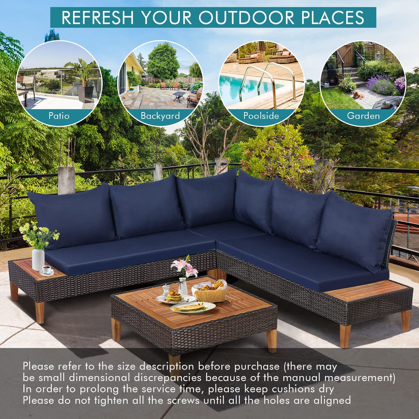 4 Pieces Acacia Wood Patio Conversation Set, Sofa Set with Coffee Table, Corner Sofa & 2 Loveseats - HW69380NY+