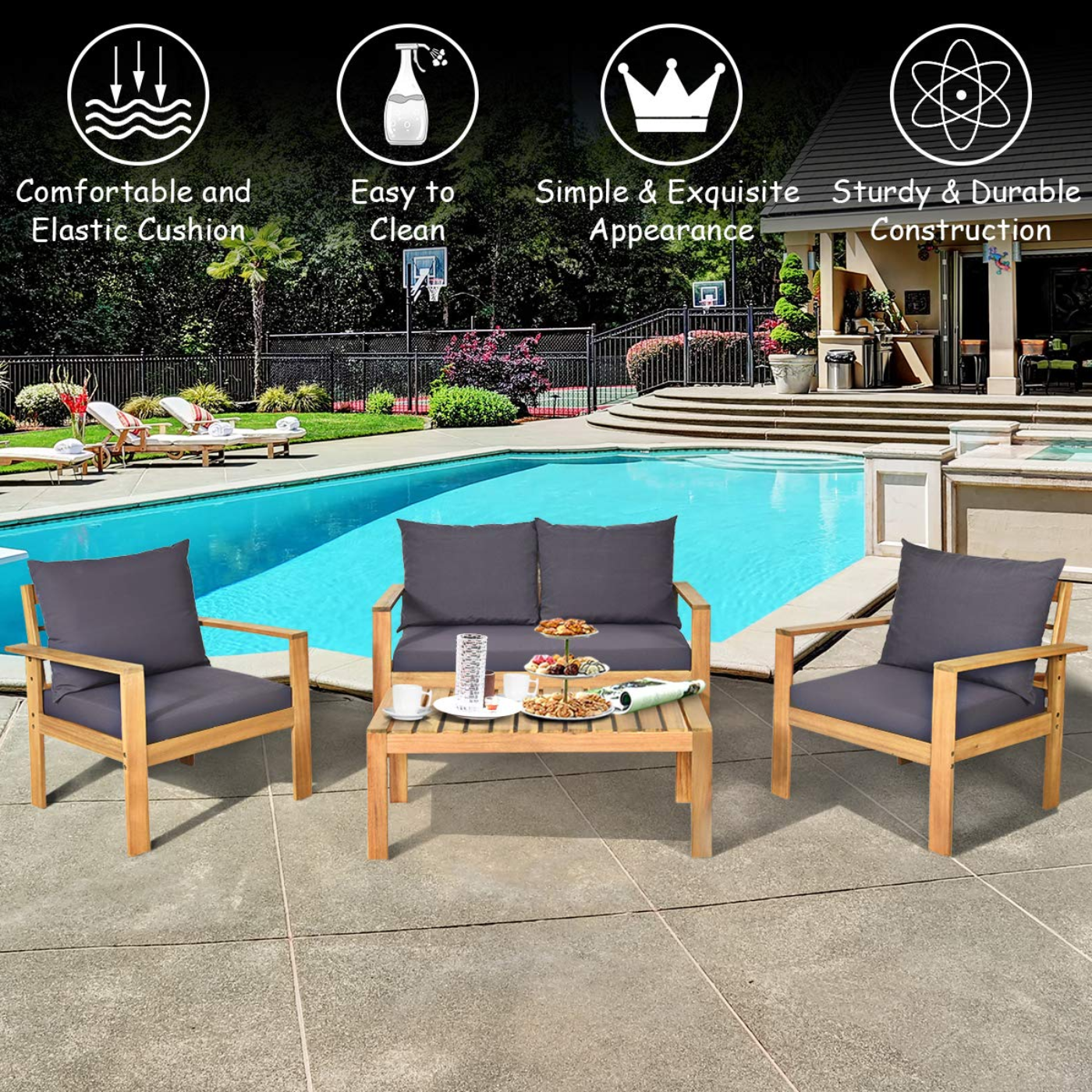 Tangkula Outdoor Conversation Sofa and Table Set with Water Resistant Cushions - HW64146+