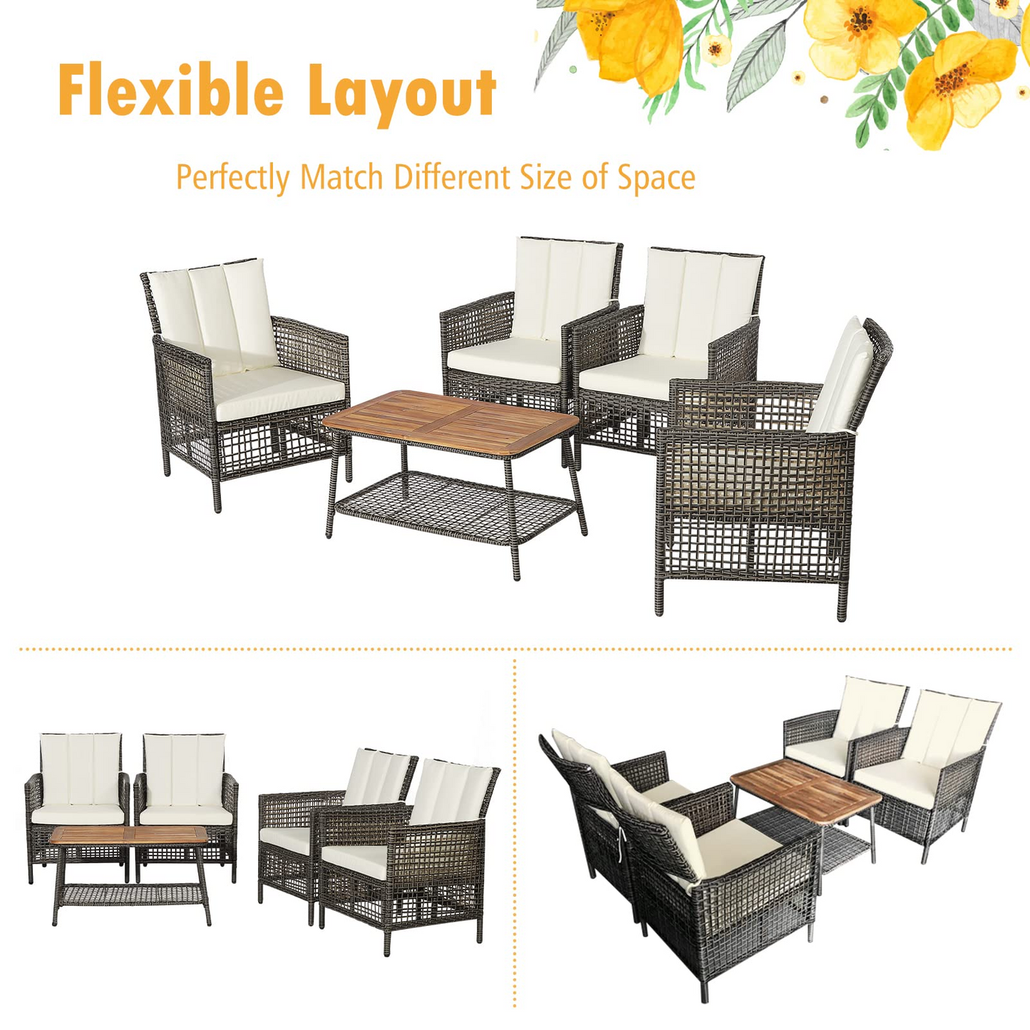 Tangkula Patio Furniture Set with 2-Tier Coffee Table - 2*HW70243WH+