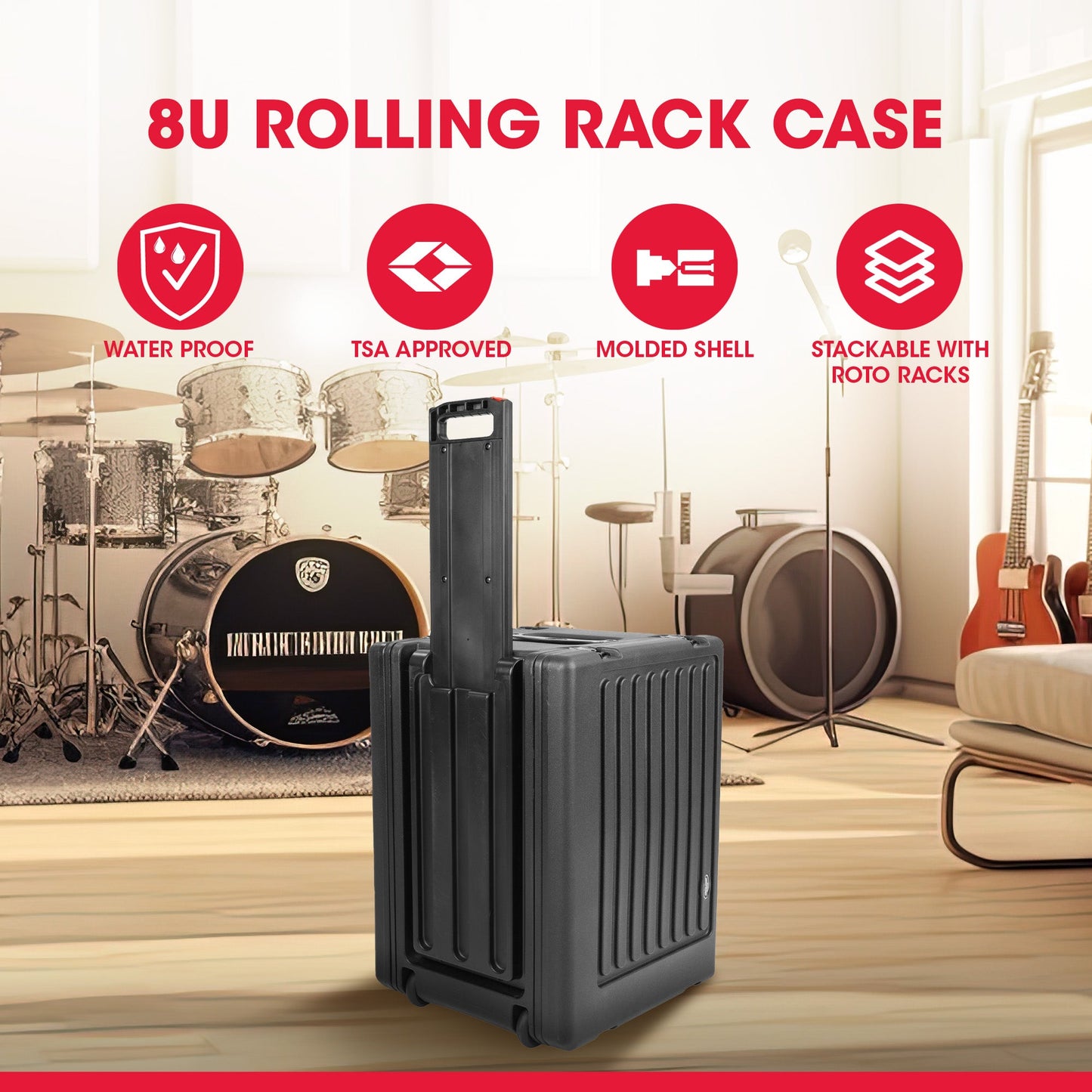 SKB 8U rSeries Rolling Rack w/Integrated Back Wheels & Pull Handle - 424982