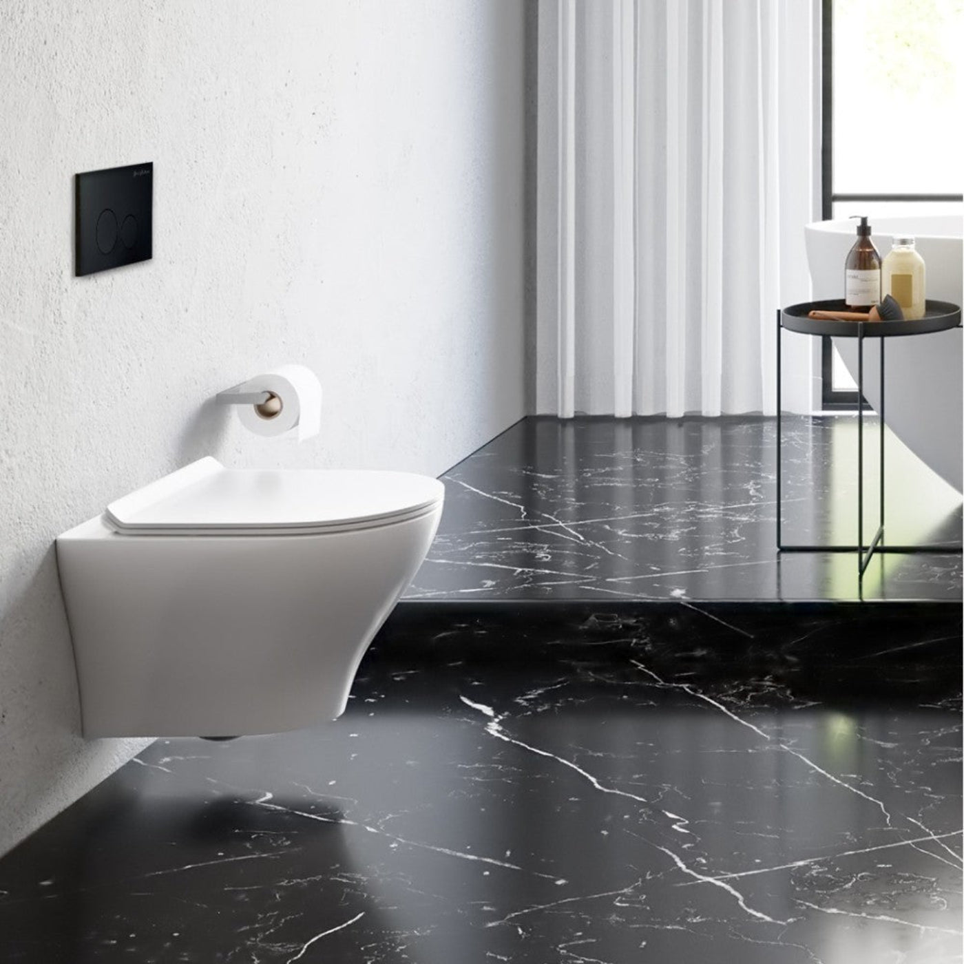 Swiss Madison Monaco Wall-Hung Toilet Bundle 0.8/1.6 GPF Dual Flush in Glossy White with Black Flush Plate - SM-WT1003GW
