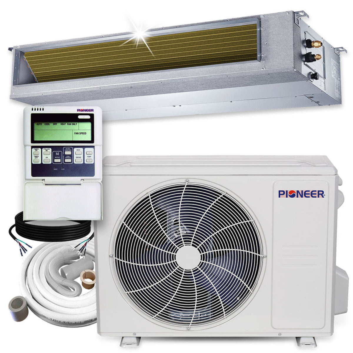 Pioneer 18,000 BTU 20 SEER2 Ceiling Concealed Ducted Mini-Split Inverter++ Energy-Star Air Conditioner Heat Pump System Full Set 230V - RYB018GMFILDAD-10