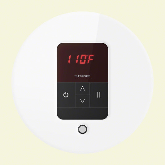 Mr. Steam iTempo Round Steam Shower Control in White with Polished Chrome Bezel - MSITEMPORD-WH