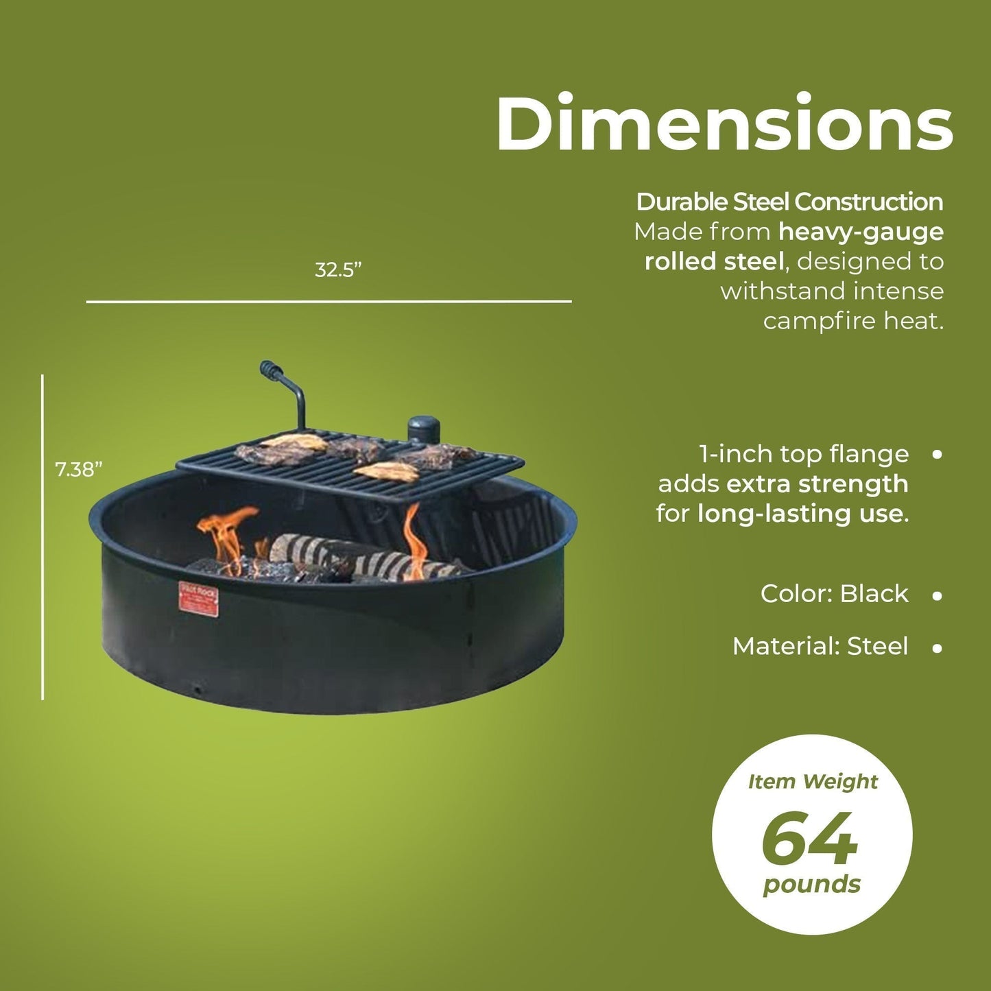 Pilot Rock 6 Pack 30.5 Inch Steel Ground Fire Pit Ring and Metal Cooking Grate - 415884