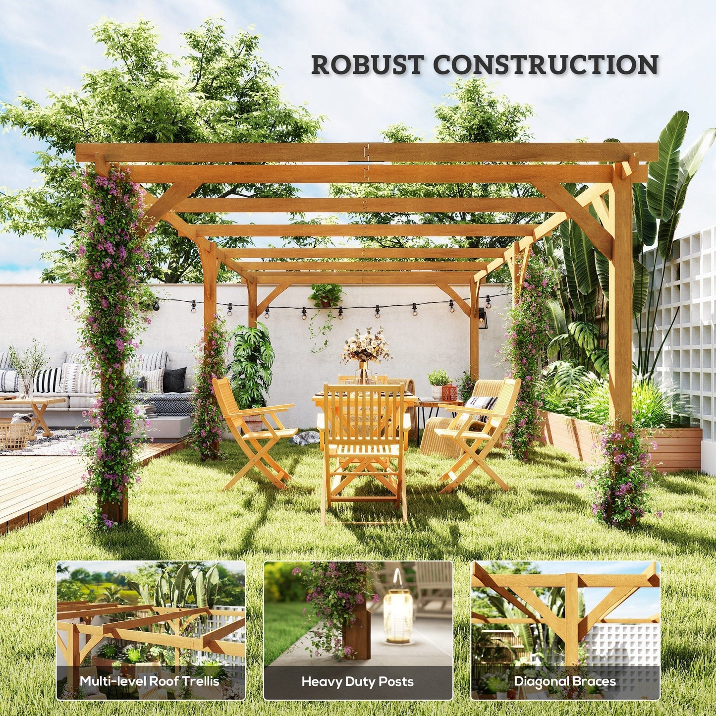 Outsunny 20' x 10' Wood Pergola with Sturdy Grape Trellis for Climbing Plants, Dark Brown - 84C-576V01DR