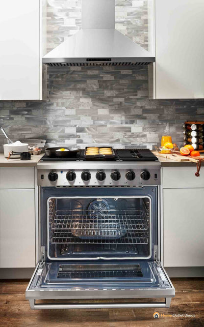 Thor Kitchen 2-Piece Appliance Package - 36-Inch Propane Gas Range  & Premium Wall Mount Hood in Stainless Steel - AP2-LRG36B-LP