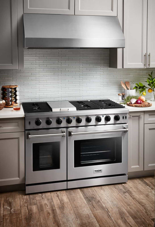 Thor Kitchen 2-Piece Appliance Package - 48-Inch Propane Gas Range  & Under Cabinet 11-Inch Tall Hood in Stainless Steel - AP2-LRG48-LP