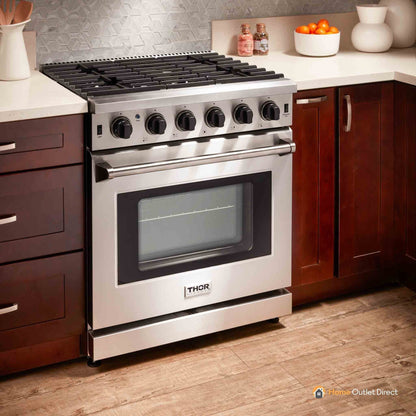 Thor Kitchen 4-Piece Appliance Package - 30-Inch Propane Gas Range, French Door Refrigerator, Wall Mount Hood, and Dishwasher in Stainless Steel - APR4-LRG30B-LP
