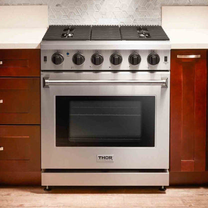 Thor Kitchen 4-Piece Appliance Package - 30-Inch Propane Gas Range, French Door Refrigerator, Wall Mount Hood, and Dishwasher in Stainless Steel - APR4-LRG30B-LP
